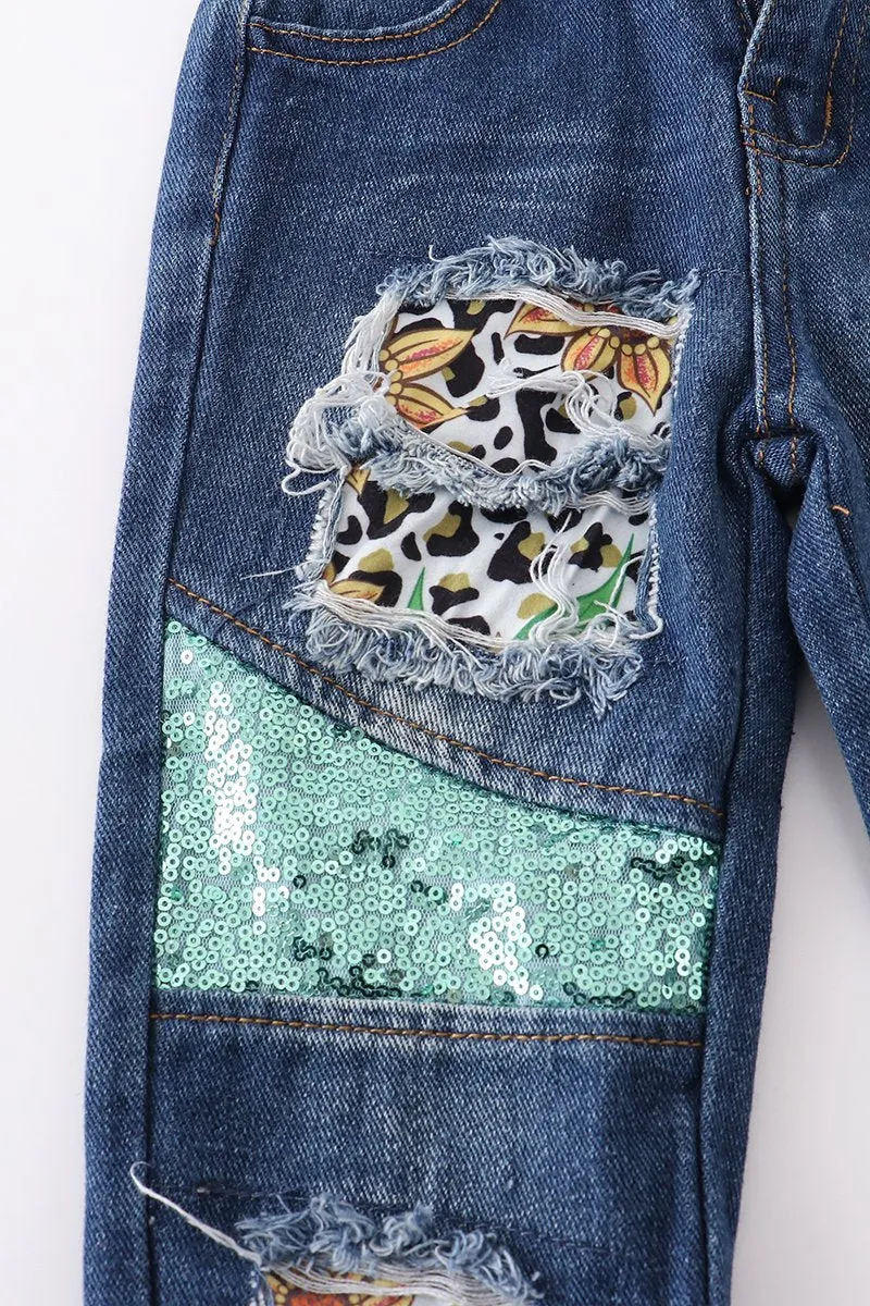 Girls Mint Sunflower Top and Jeans Set