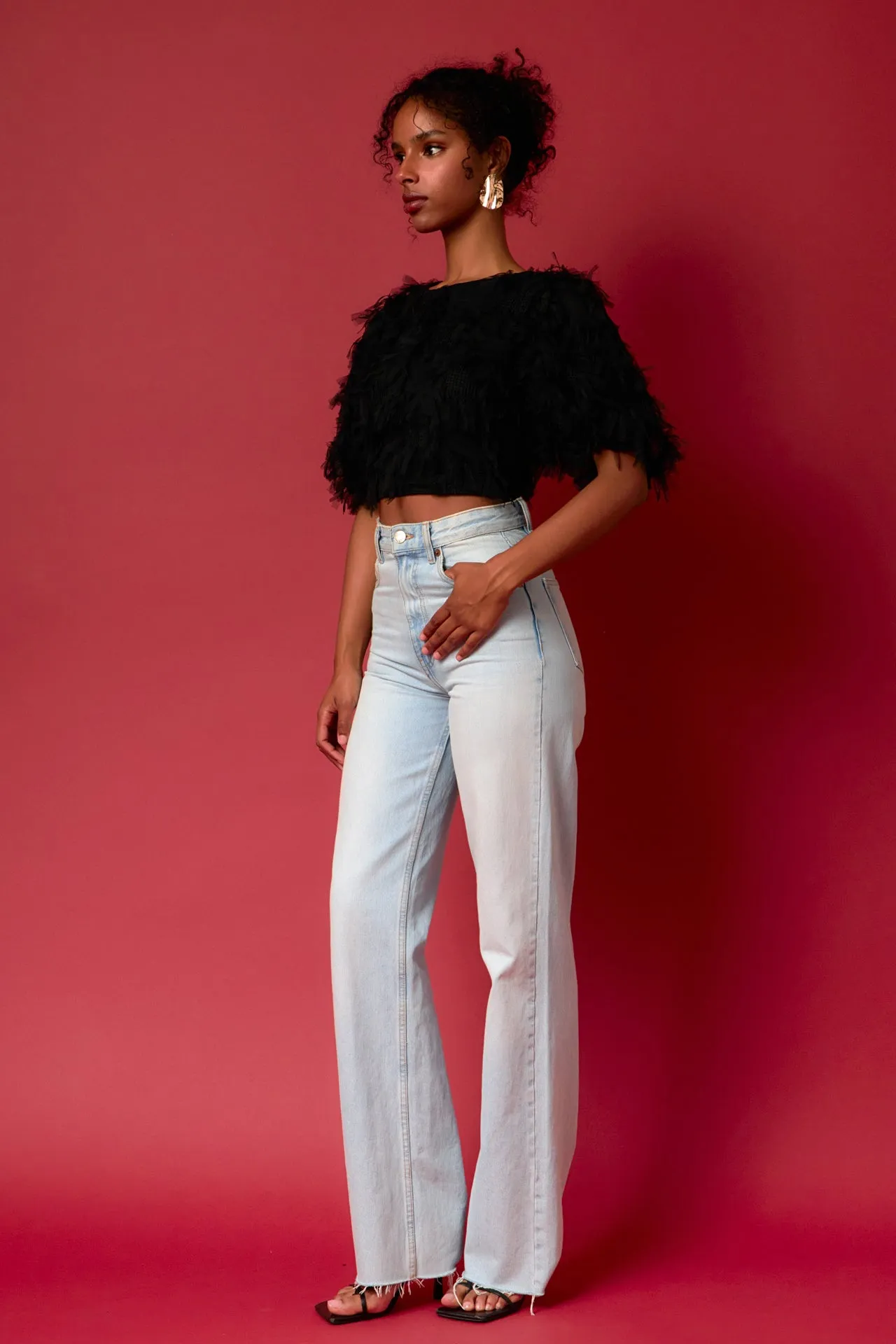 Gridded Mesh Feathered Cropped Top