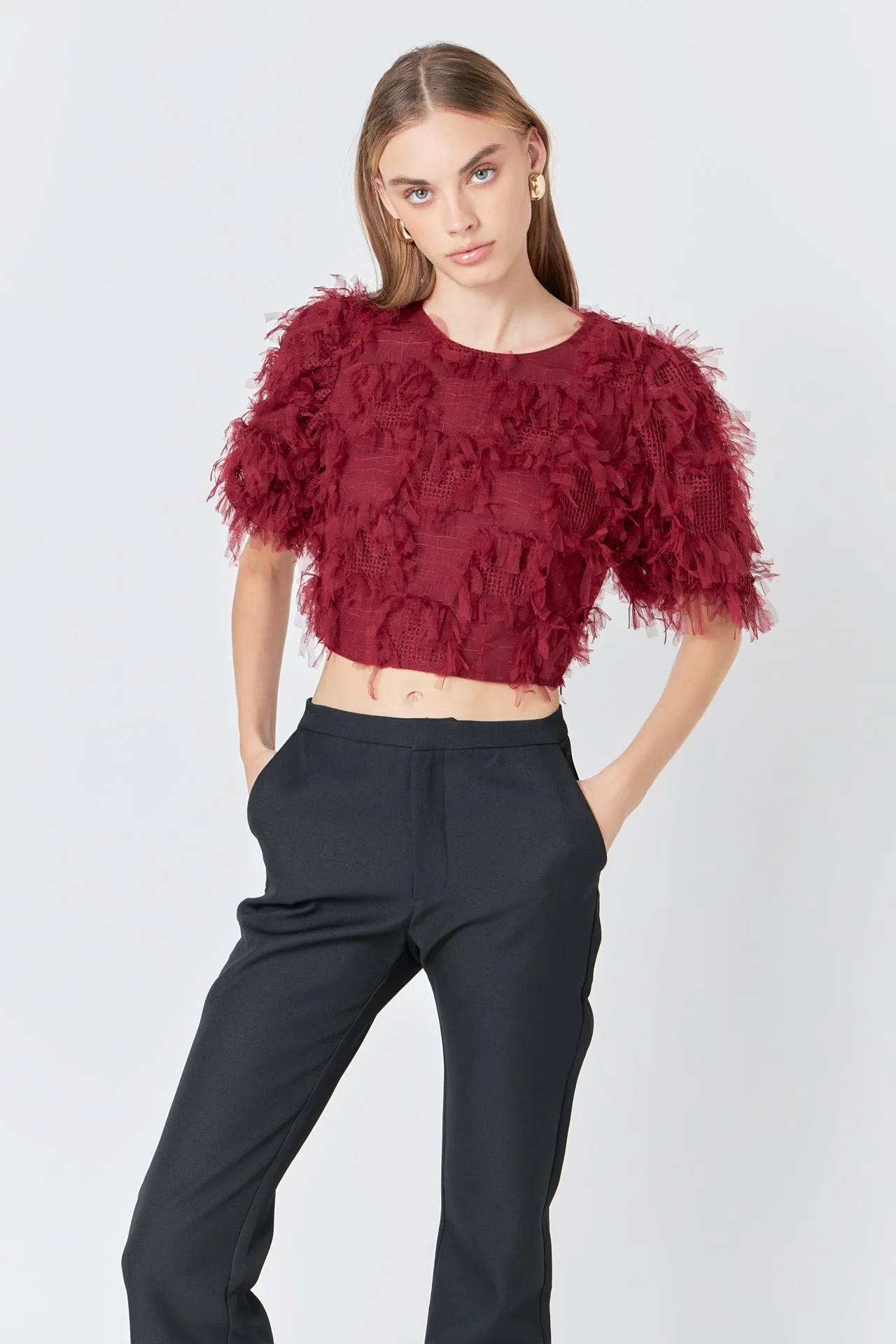 Gridded Mesh Feathered Cropped Top