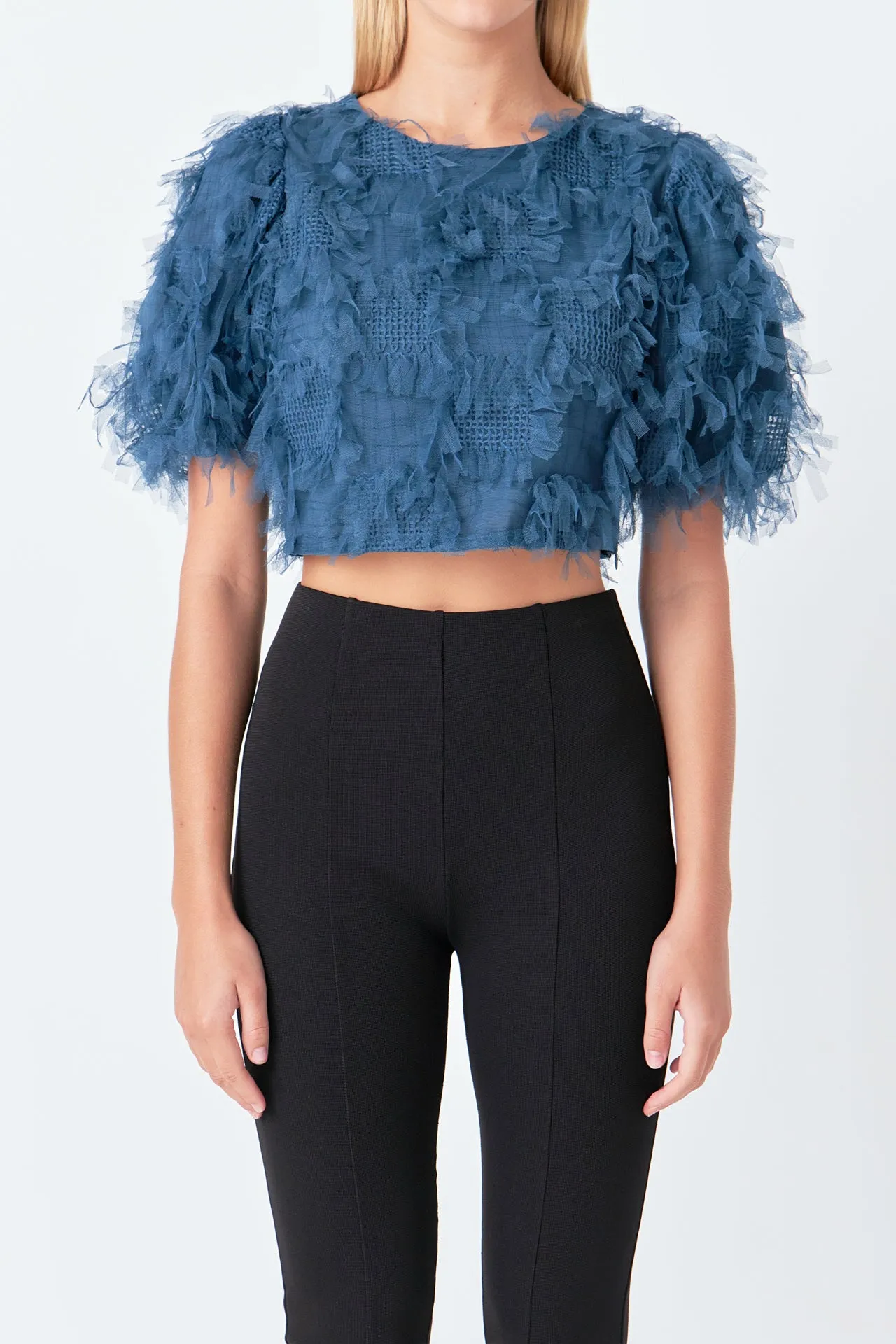 Gridded Mesh Feathered Cropped Top