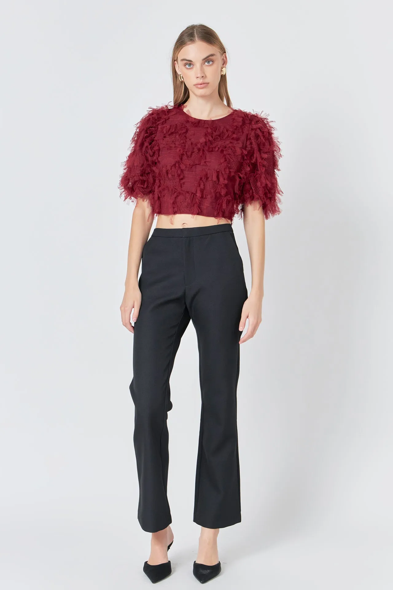 Gridded Mesh Feathered Cropped Top