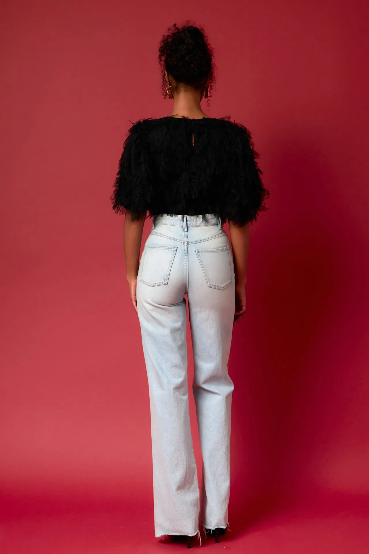 Gridded Mesh Feathered Cropped Top