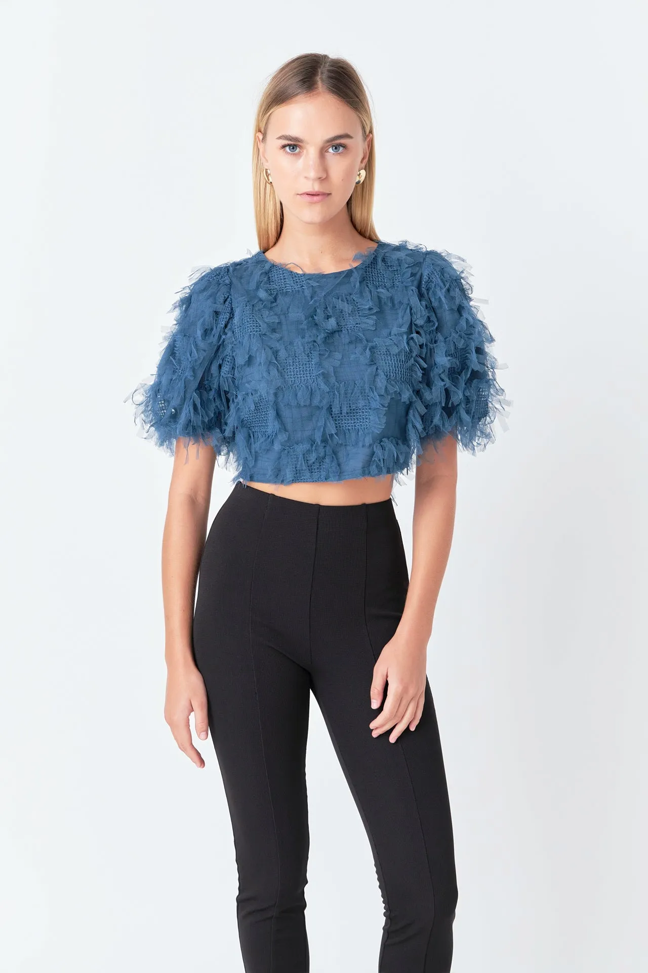 Gridded Mesh Feathered Cropped Top