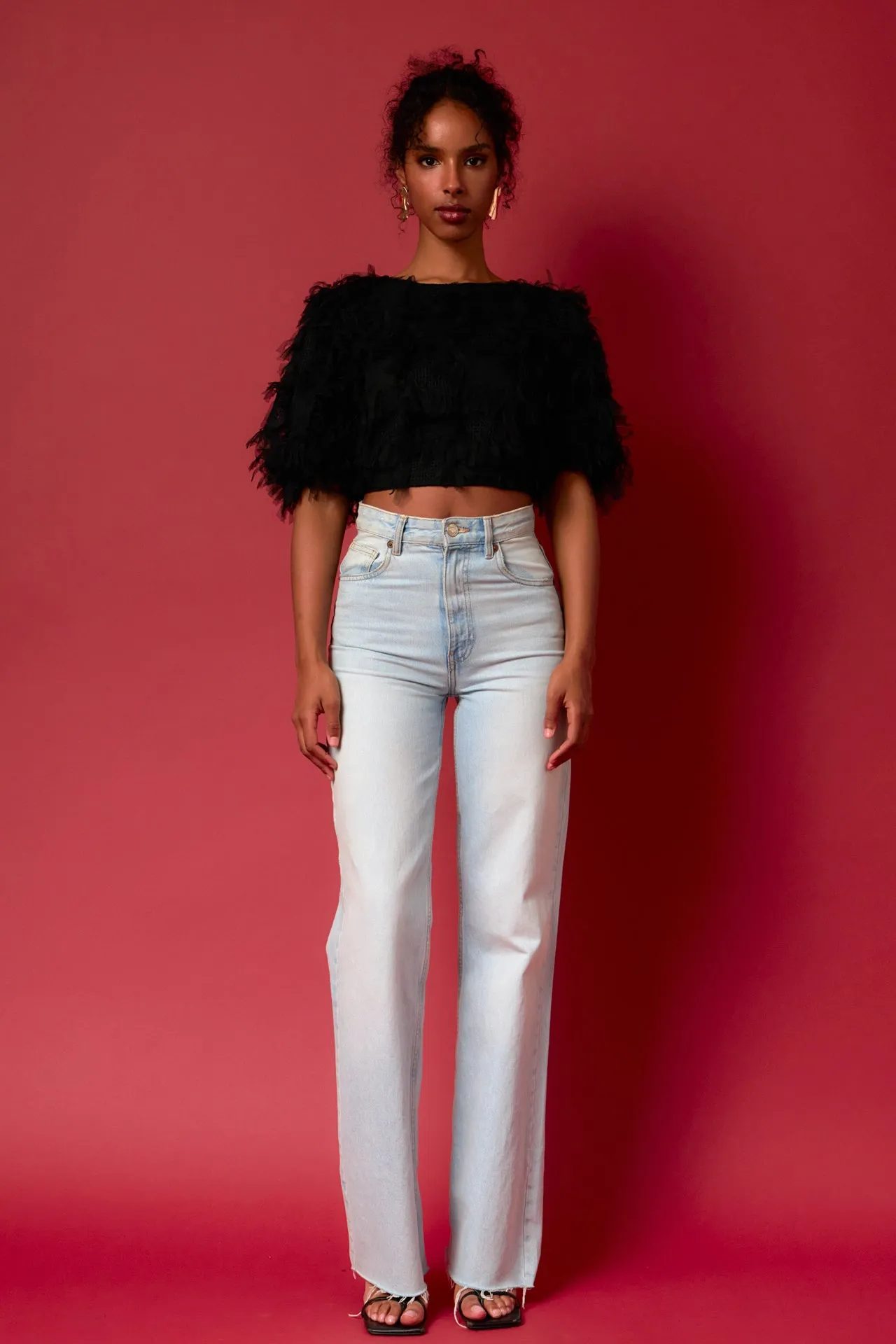 Gridded Mesh Feathered Cropped Top