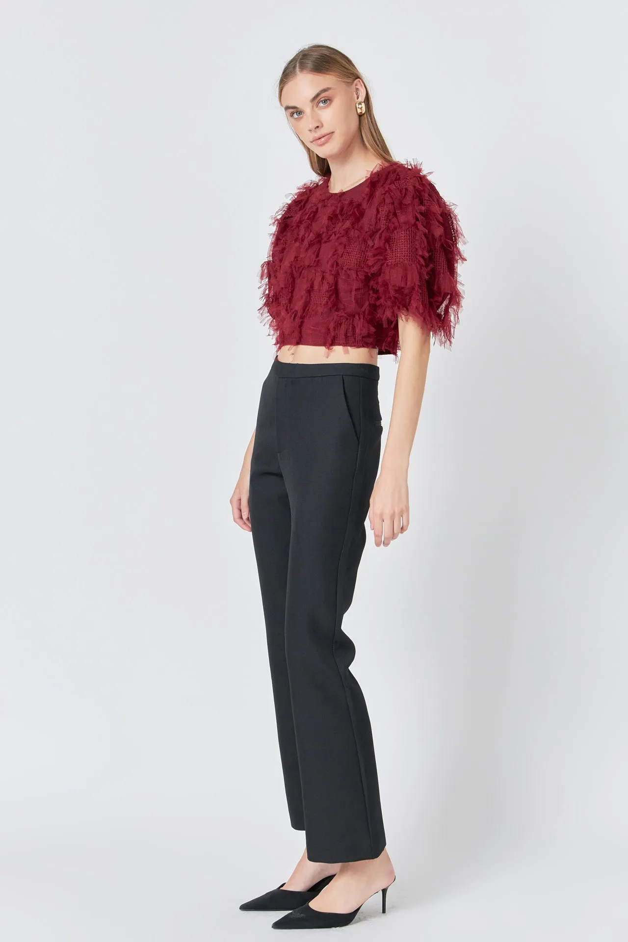 Gridded Mesh Feathered Cropped Top
