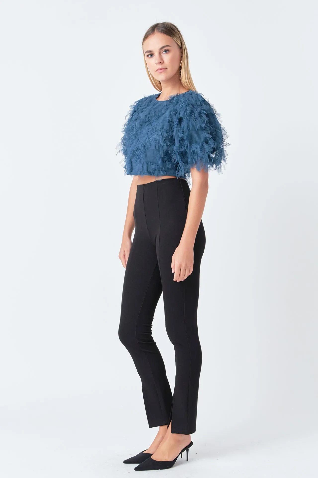 Gridded Mesh Feathered Cropped Top