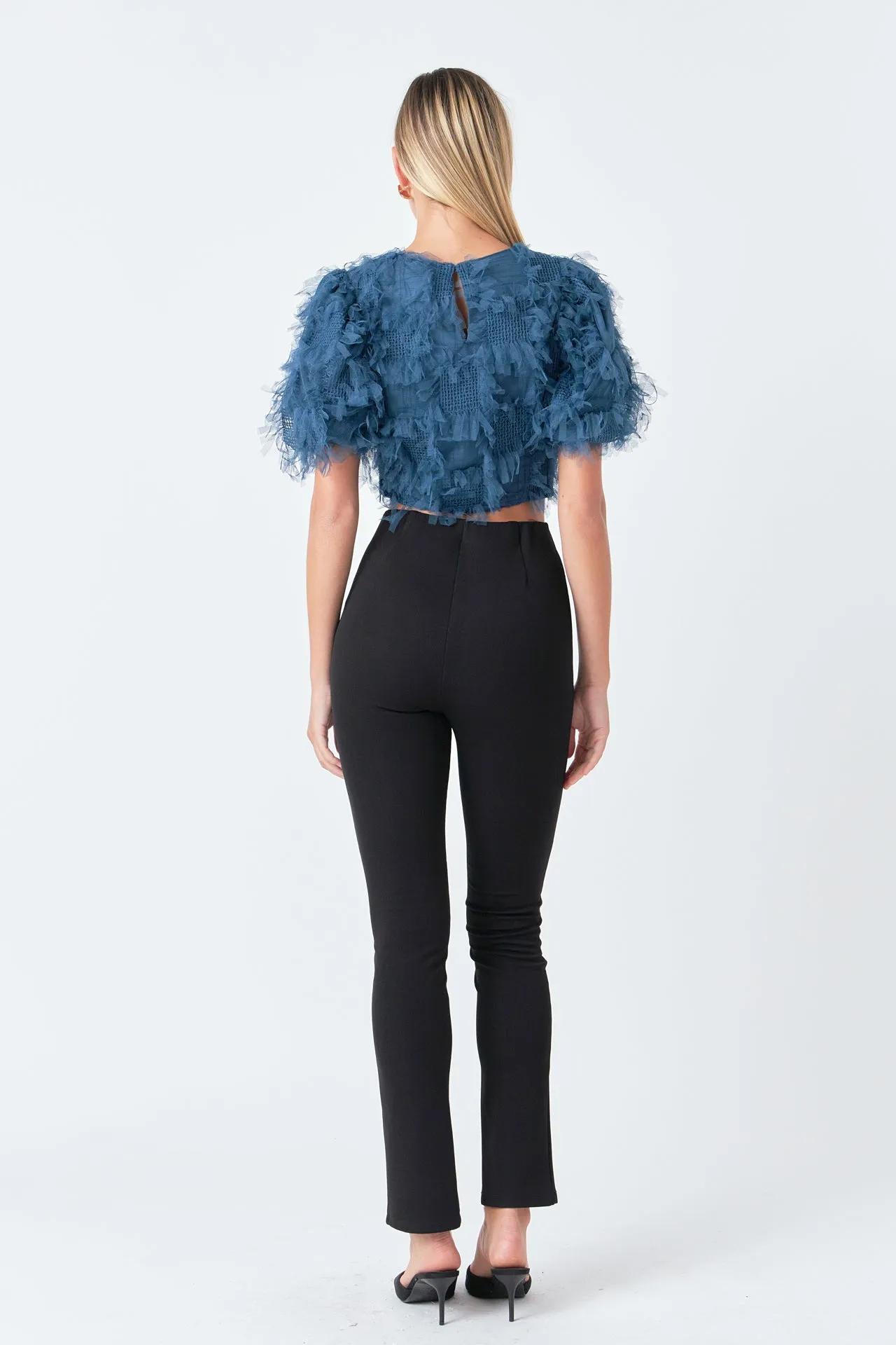 Gridded Mesh Feathered Cropped Top