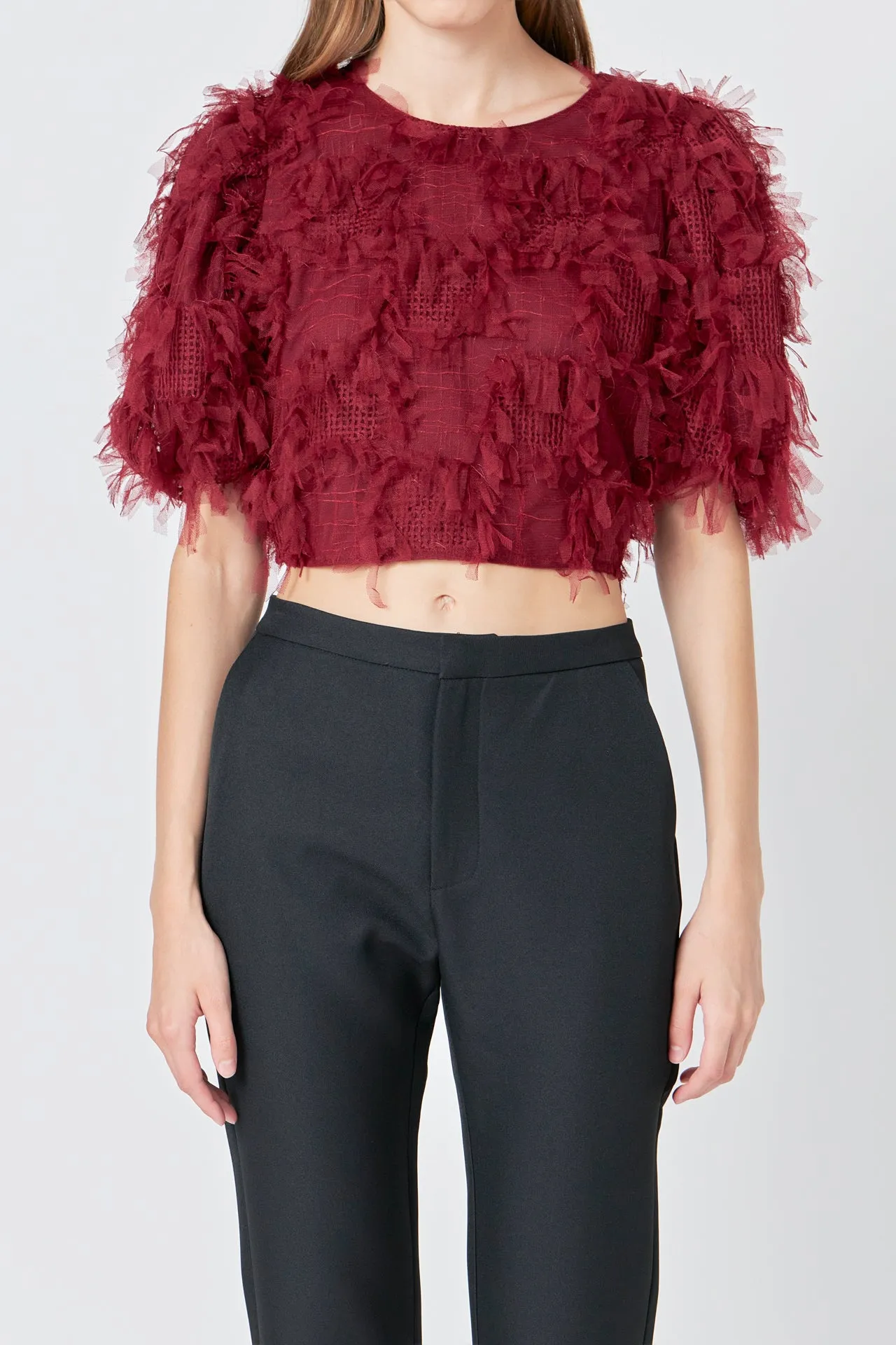Gridded Mesh Feathered Cropped Top