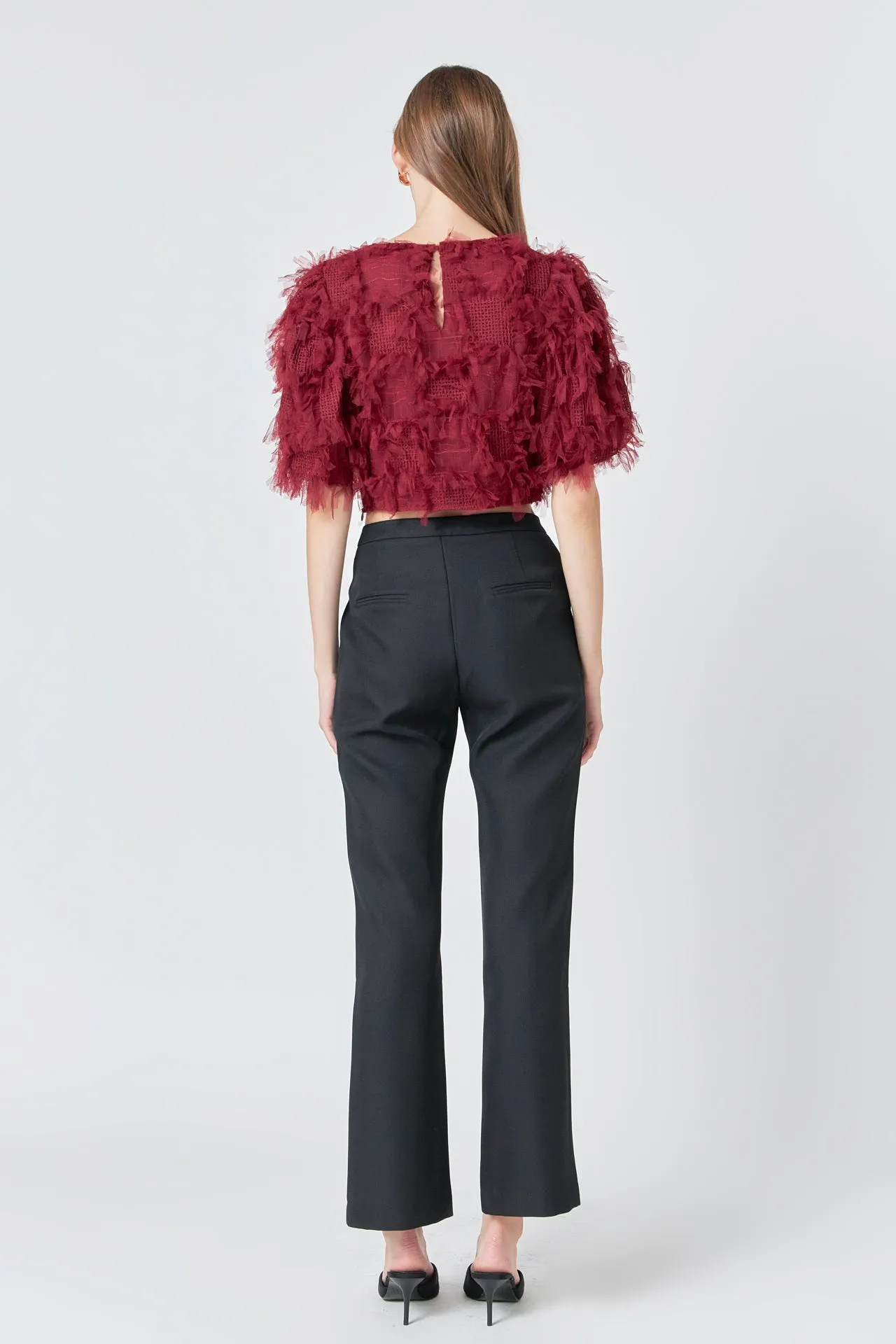 Gridded Mesh Feathered Cropped Top