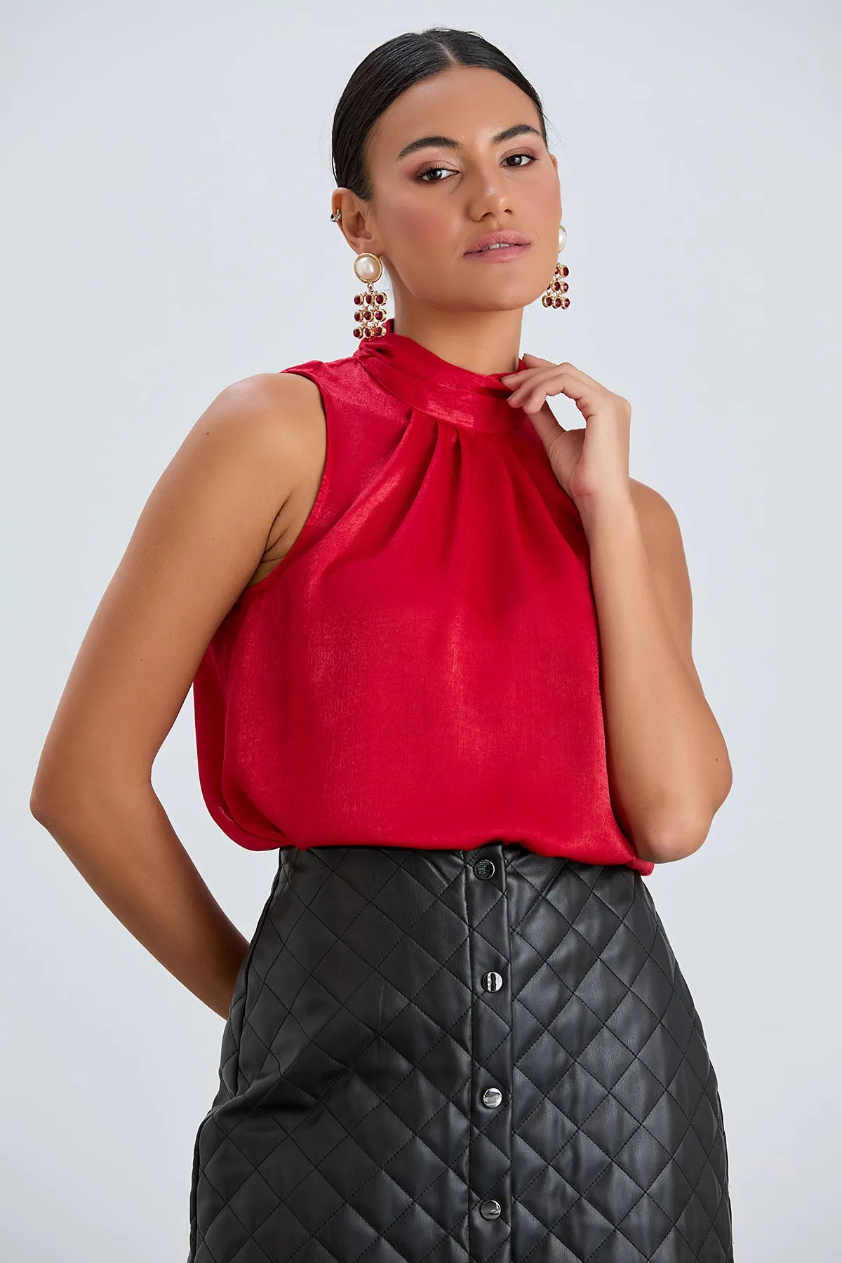 Halter Neck Red Satin Top