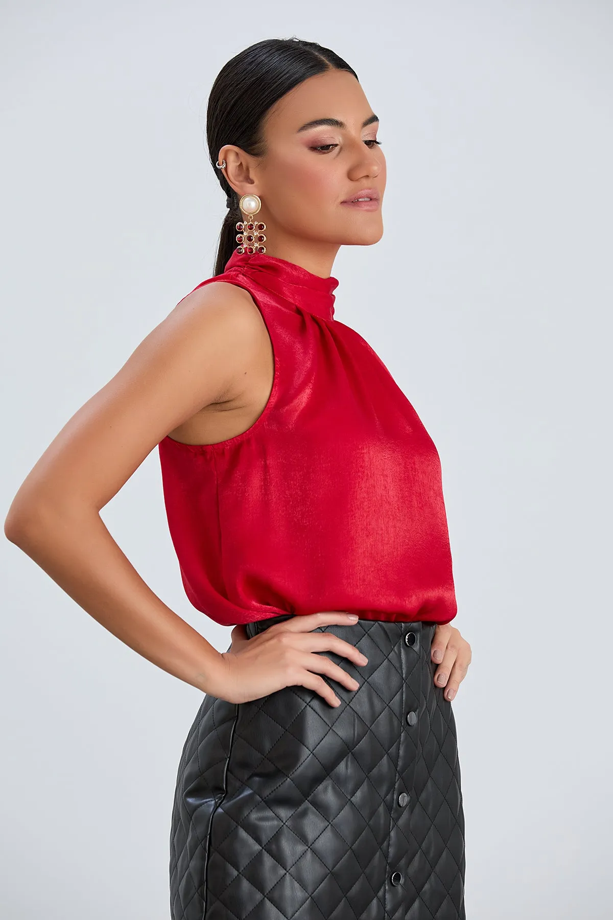 Halter Neck Red Satin Top