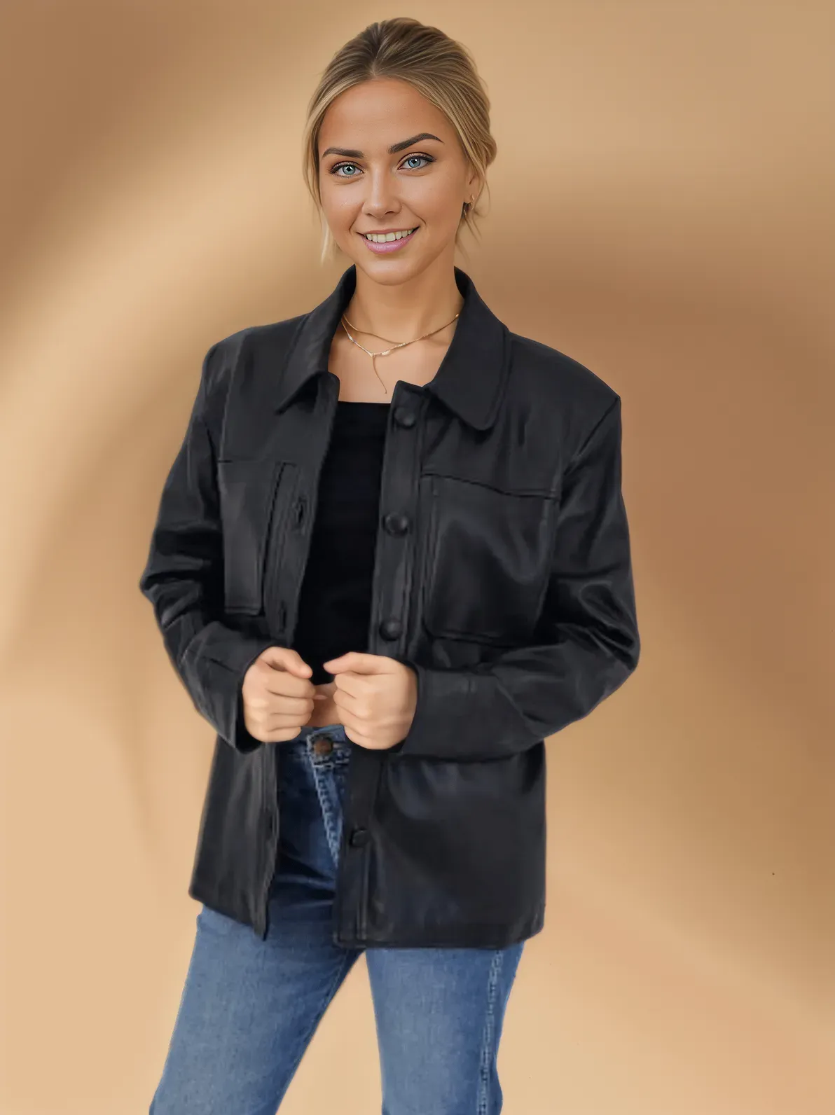 Handcrafted Oversized Women's Sheepskin Leather Jacket – Classic Black, Stylish & Versatile