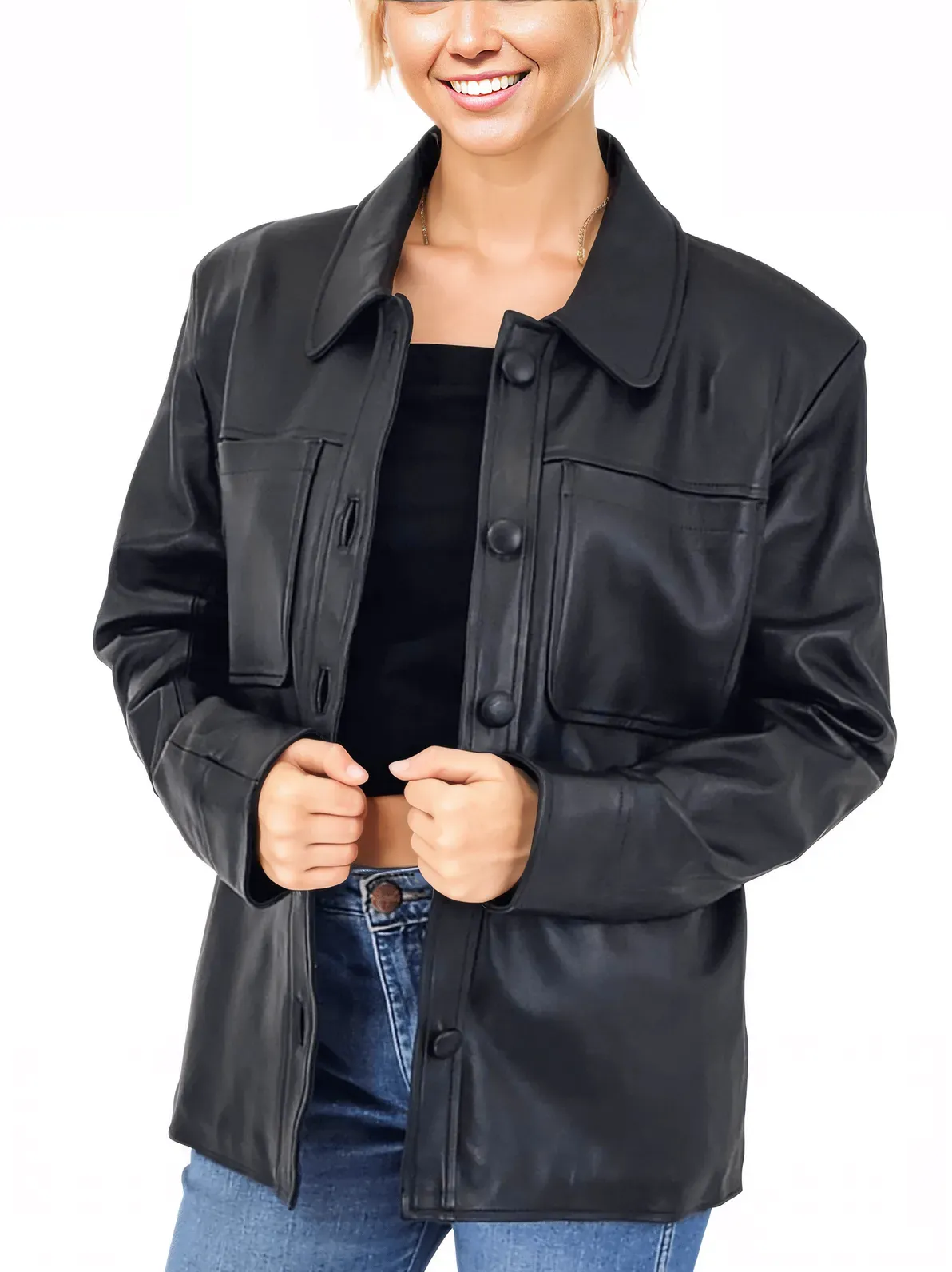 Handcrafted Oversized Women's Sheepskin Leather Jacket – Classic Black, Stylish & Versatile