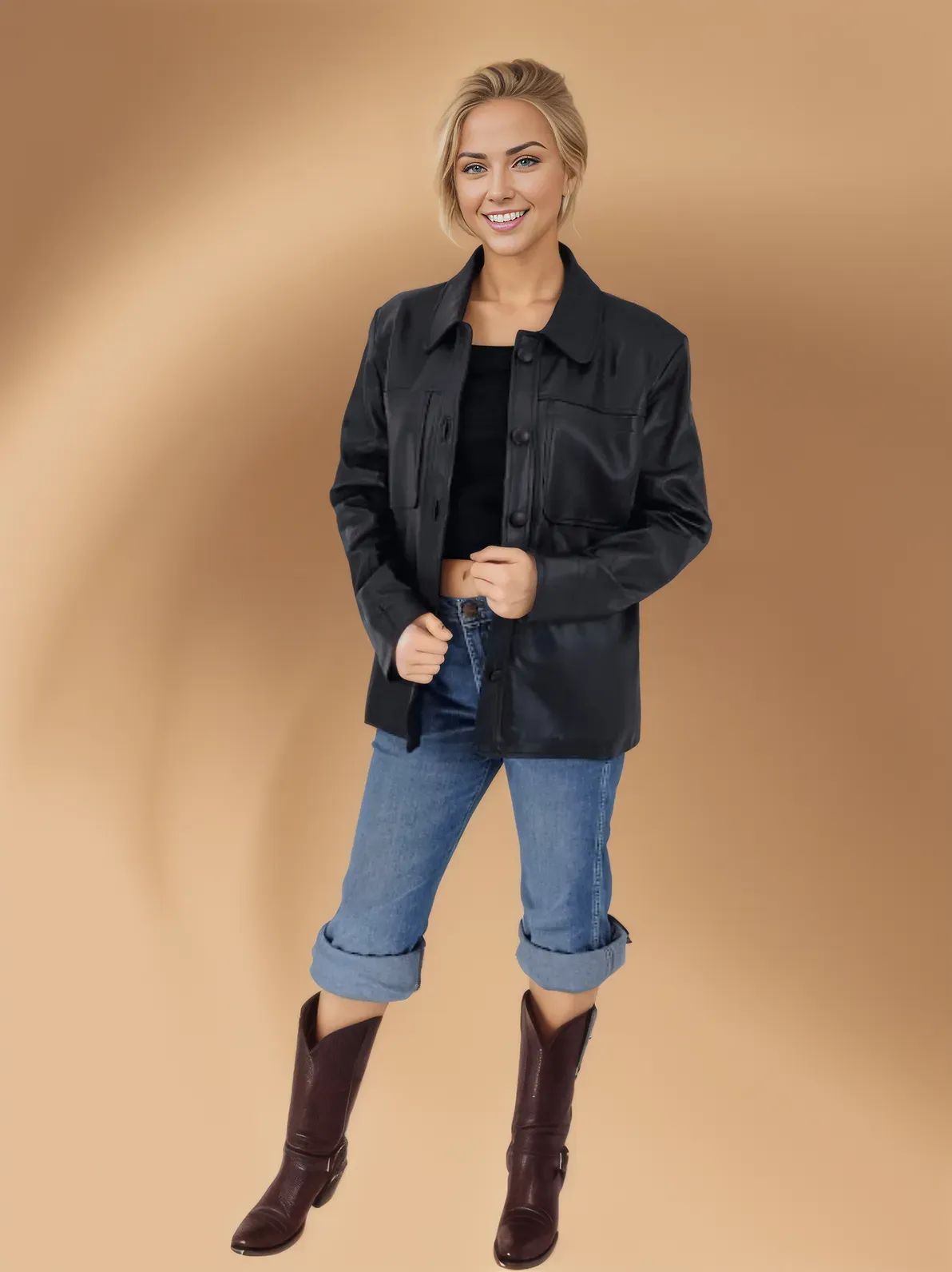 Handcrafted Oversized Women's Sheepskin Leather Jacket – Classic Black, Stylish & Versatile