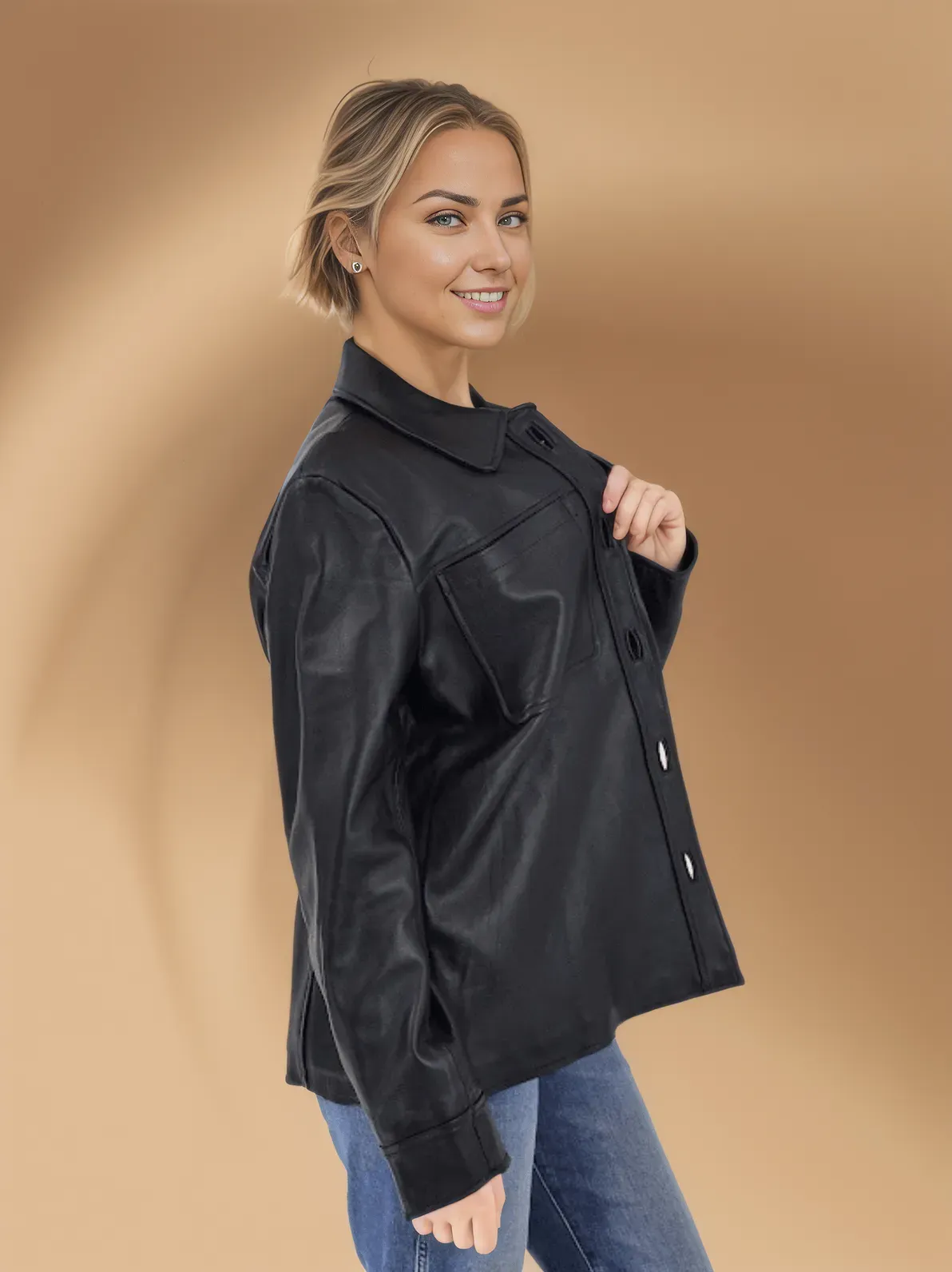 Handcrafted Oversized Women's Sheepskin Leather Jacket – Classic Black, Stylish & Versatile