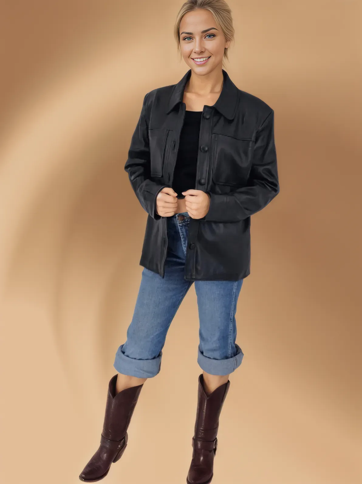 Handcrafted Oversized Women's Sheepskin Leather Jacket – Classic Black, Stylish & Versatile