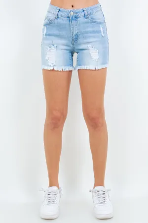 High Waist Distressed Frayed Light Denim Shorts