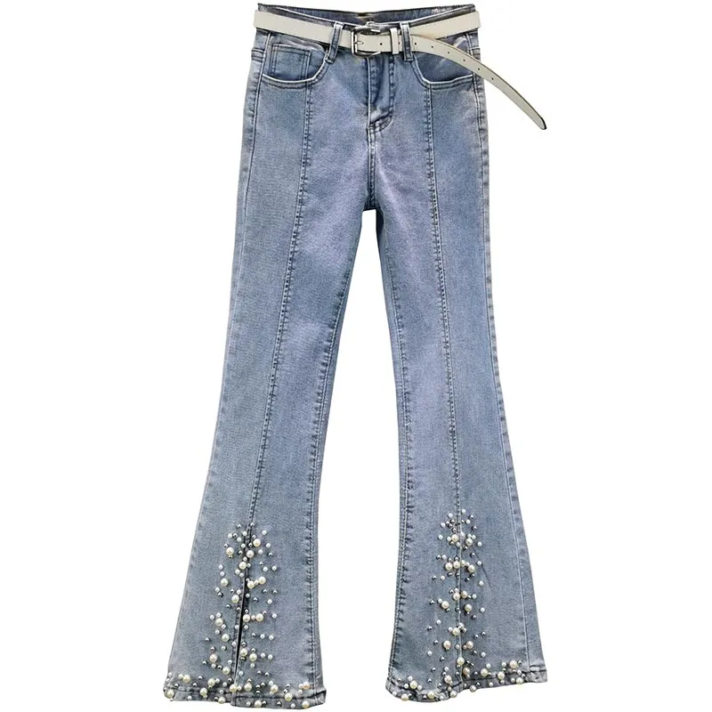Irregular Split Pearl Flared Jeans for Women  Spring Summer