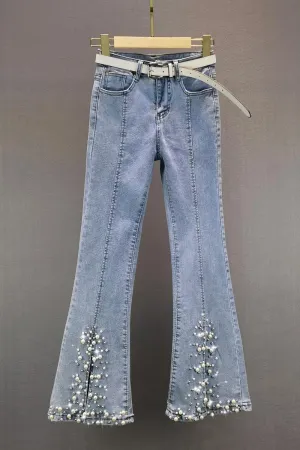 Irregular Split Pearl Flared Jeans for Women  Spring Summer