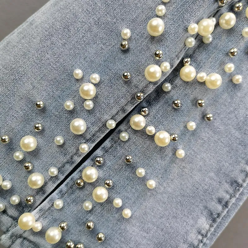 Irregular Split Pearl Flared Jeans for Women  Spring Summer