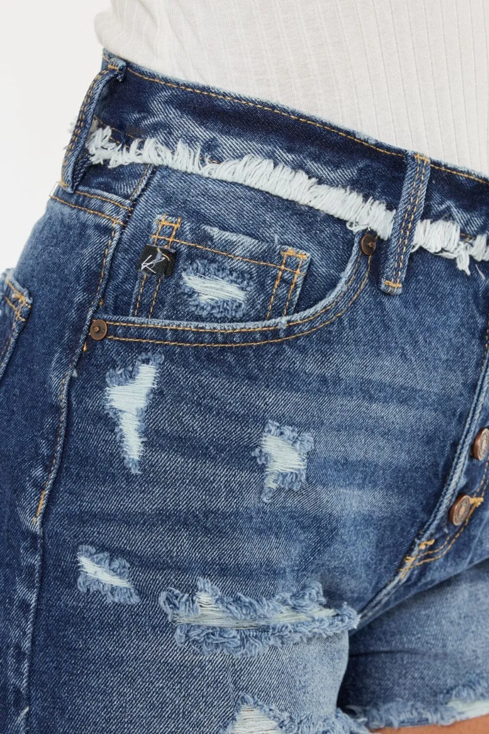 Kancan Dark Blue Distressed Button Fly Denim Shorts