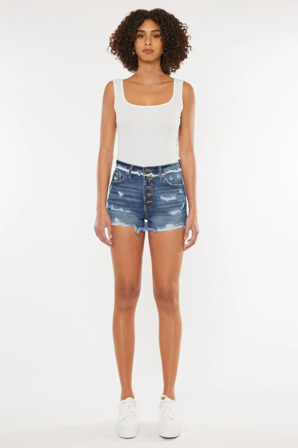 Kancan Dark Blue Distressed Button Fly Denim Shorts