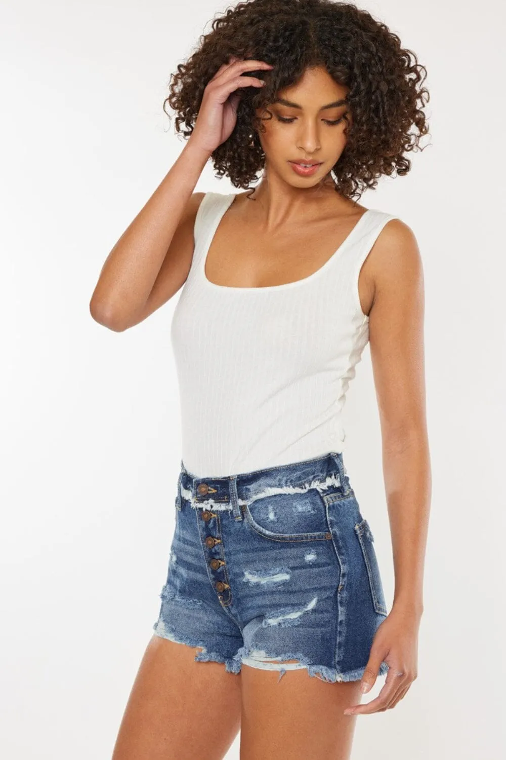 Kancan Dark Blue Distressed Button Fly Denim Shorts