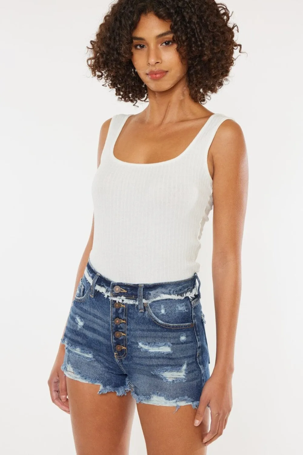 Kancan Dark Blue Distressed Button Fly Denim Shorts