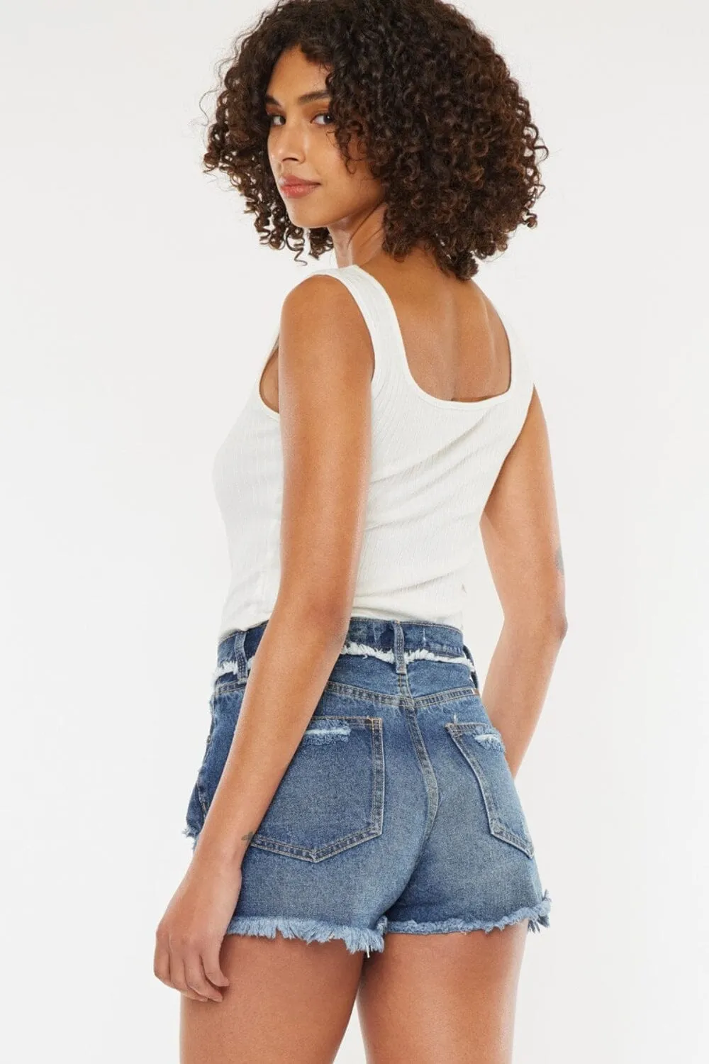 Kancan Dark Blue Distressed Button Fly Denim Shorts