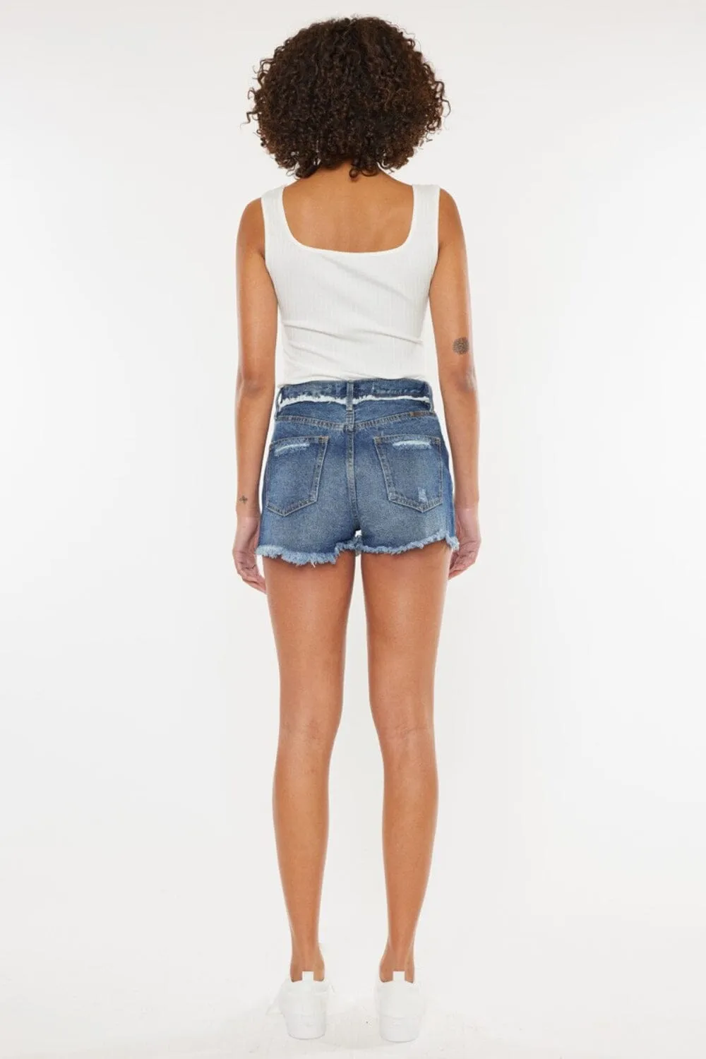 Kancan Dark Blue Distressed Button Fly Denim Shorts