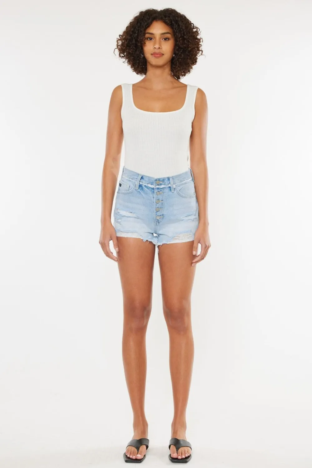 KANCAN Light Blue Distressed Button Fly Denim Cutoff Shorts Frayed Waistband