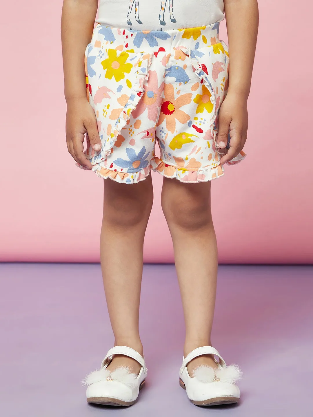 Kid Girls' White T-Shirt with Ruffle Sleeves and Colour Shorts Set