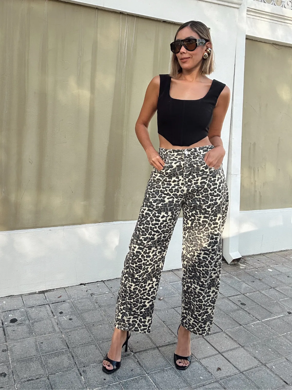 Louchy Relax Fit Leopard Print Wide-Leg Jeans