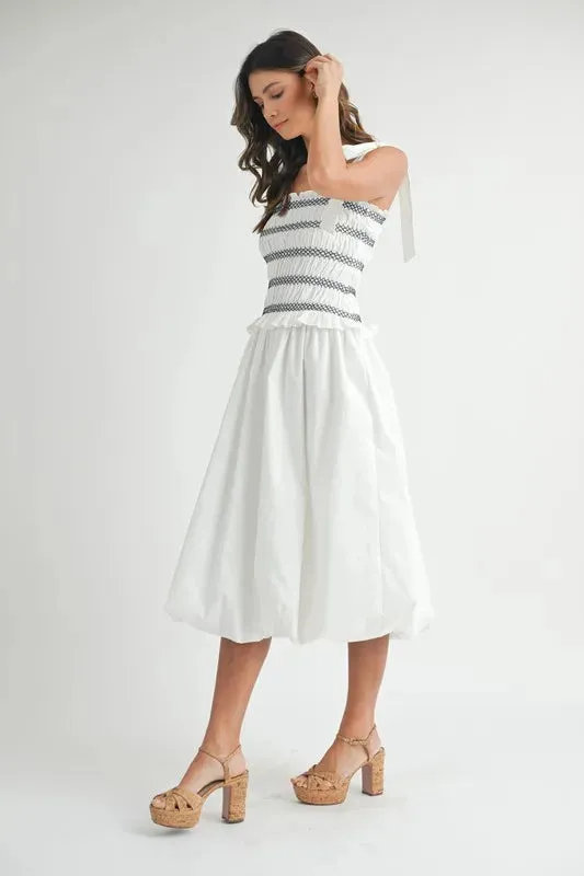 MABLE Smocked Bodice Bubble Midi Dress