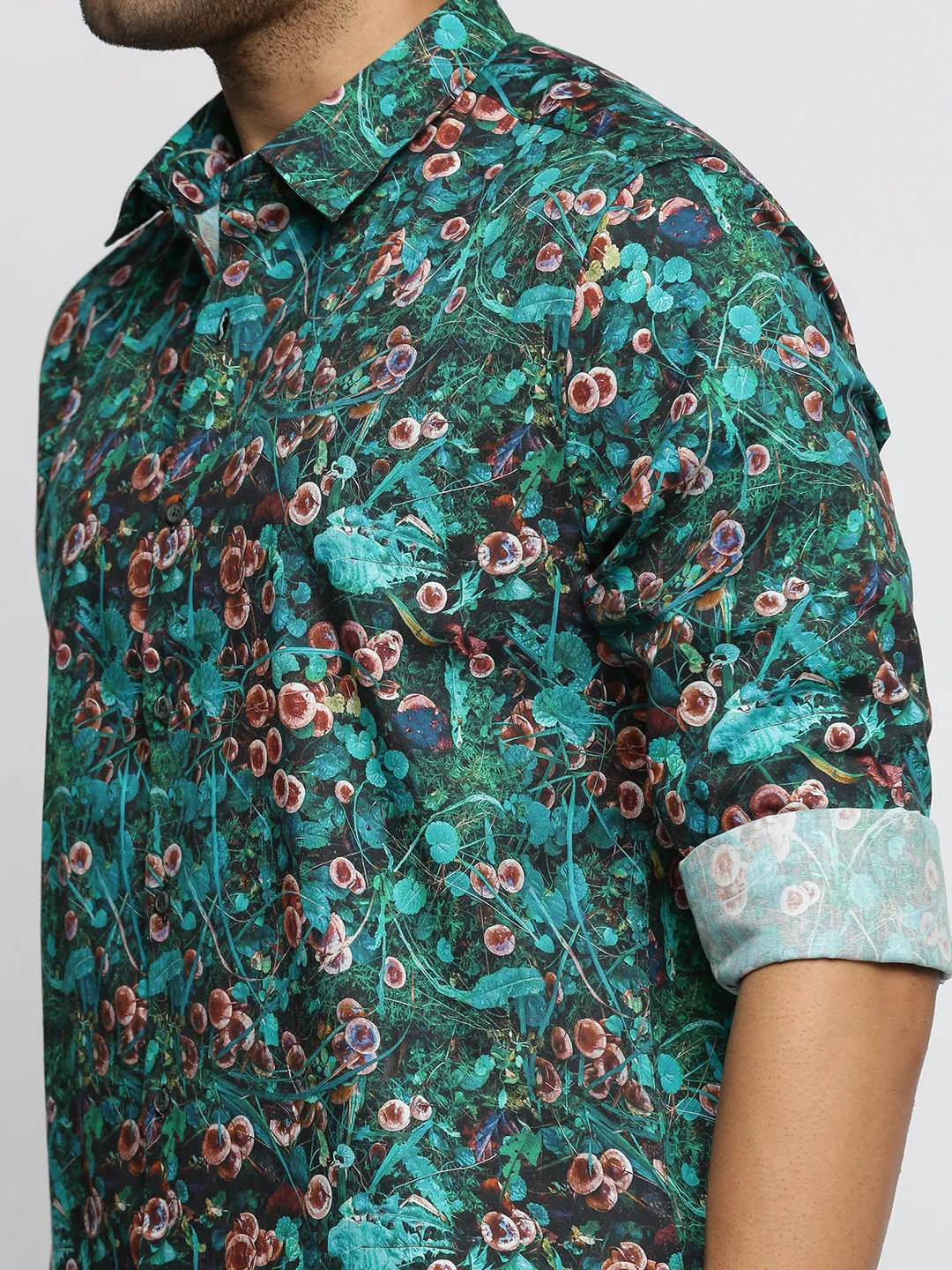 Men Blue Spread Collar Graphic Shirt