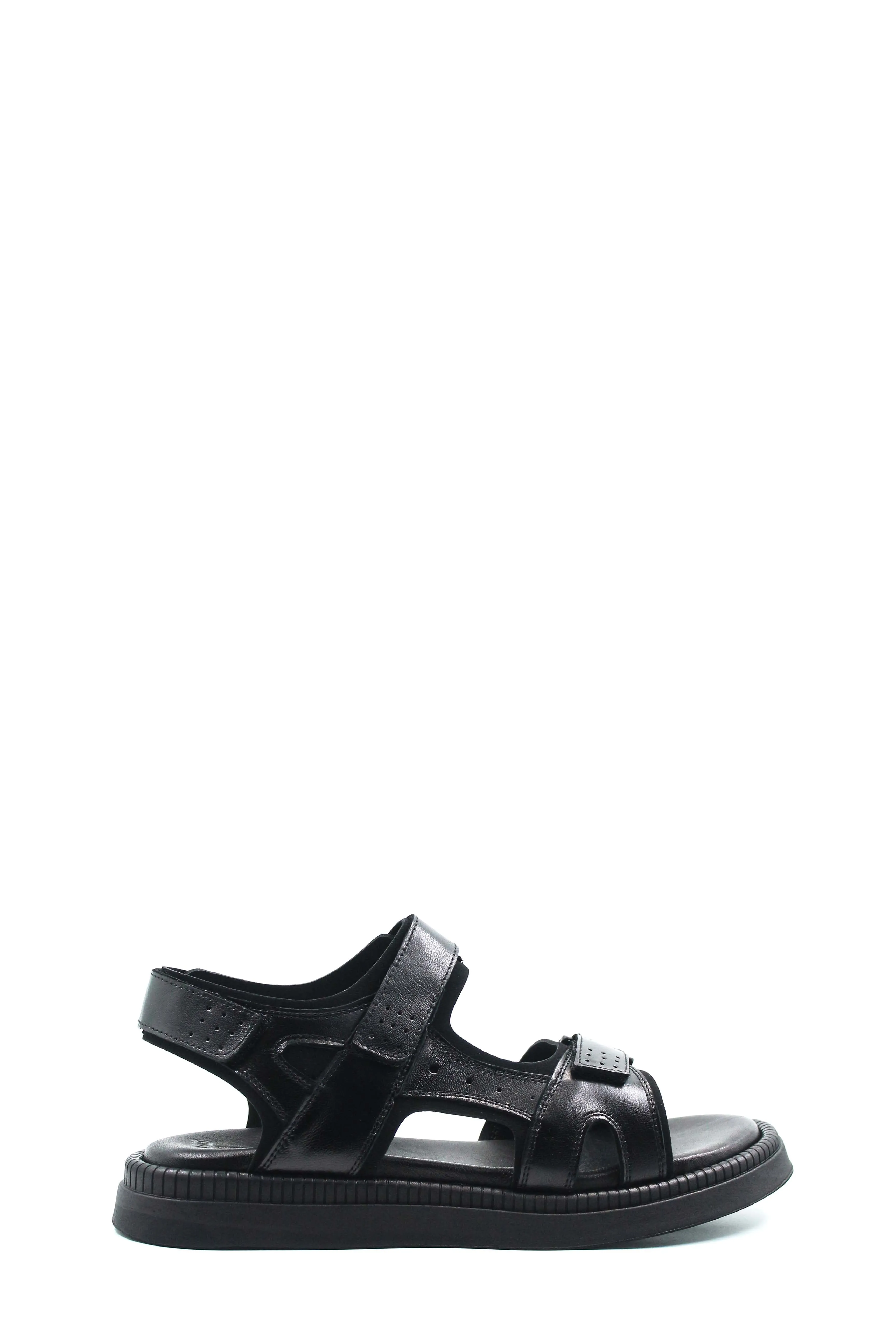 Men's Black Leather Open-Toe Sandals with Adjustable Straps and Cushioned Sole - Wessi
