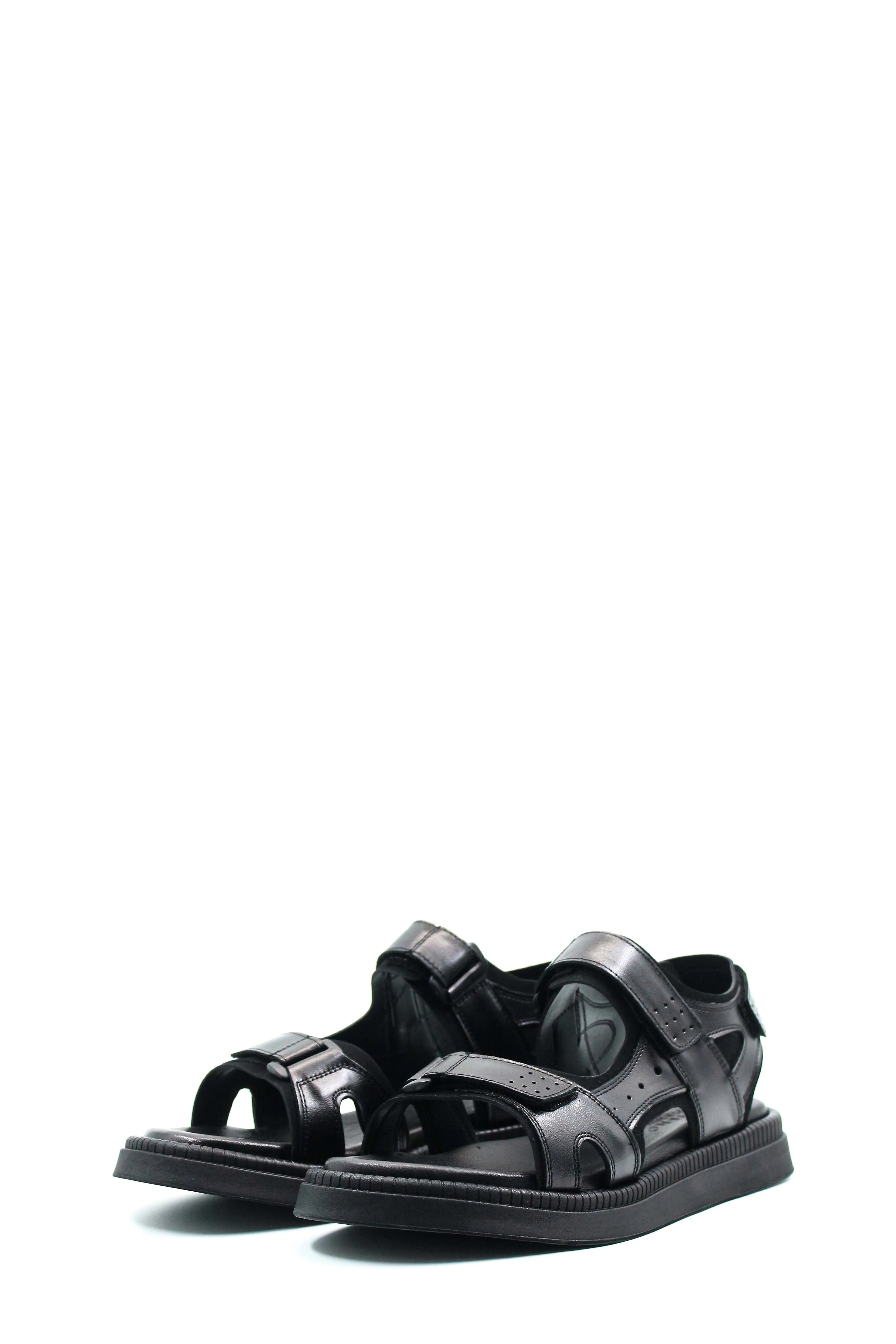 Men's Black Leather Open-Toe Sandals with Adjustable Straps and Cushioned Sole - Wessi