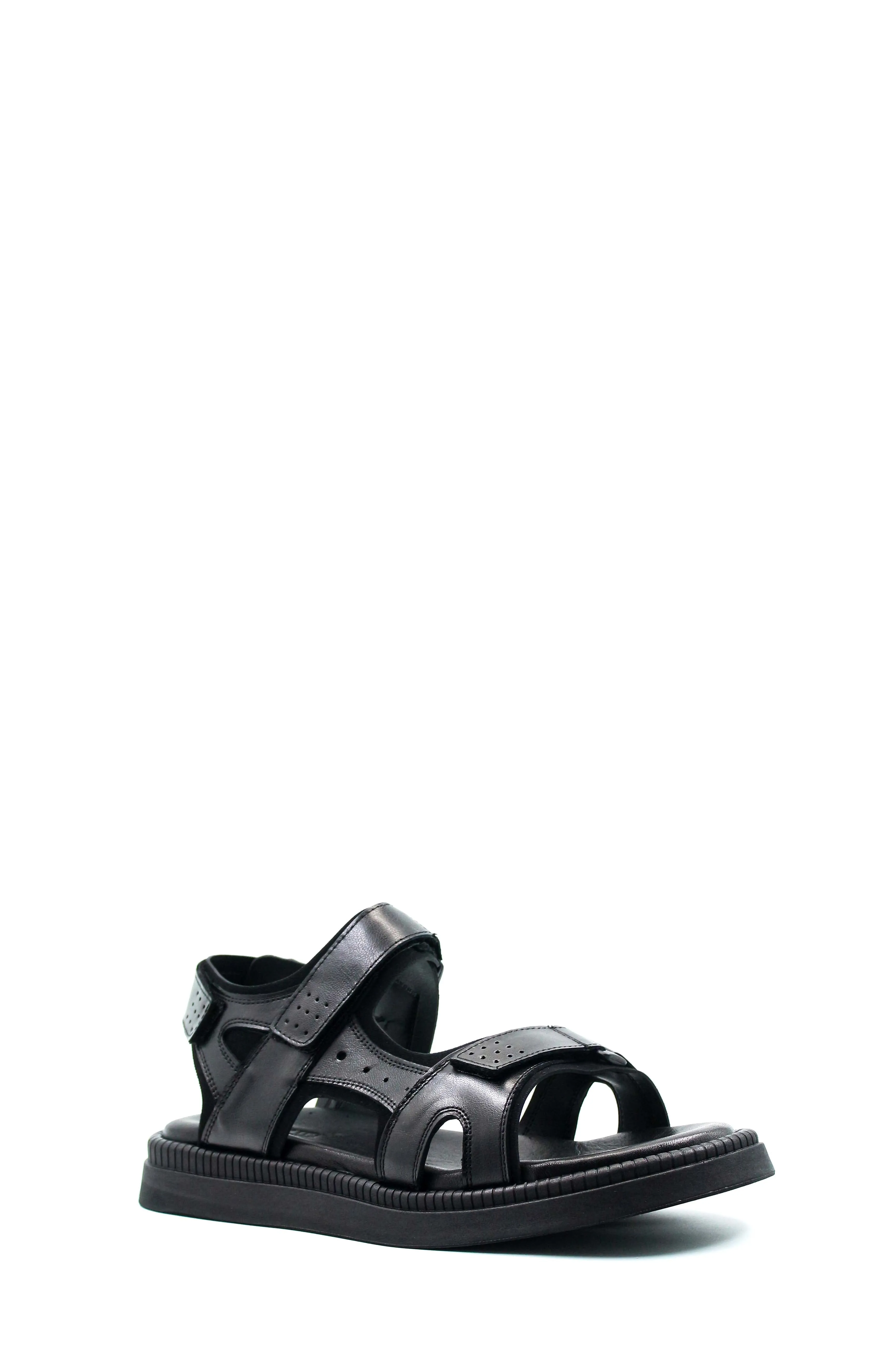 Men's Black Leather Open-Toe Sandals with Adjustable Straps and Cushioned Sole - Wessi