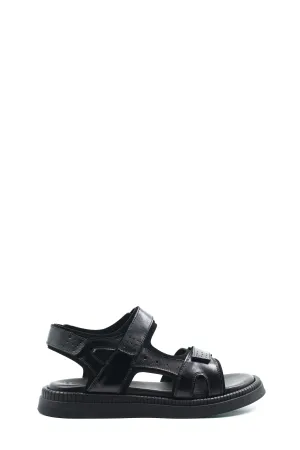 Men's Black Leather Open-Toe Sandals with Adjustable Straps and Cushioned Sole - Wessi