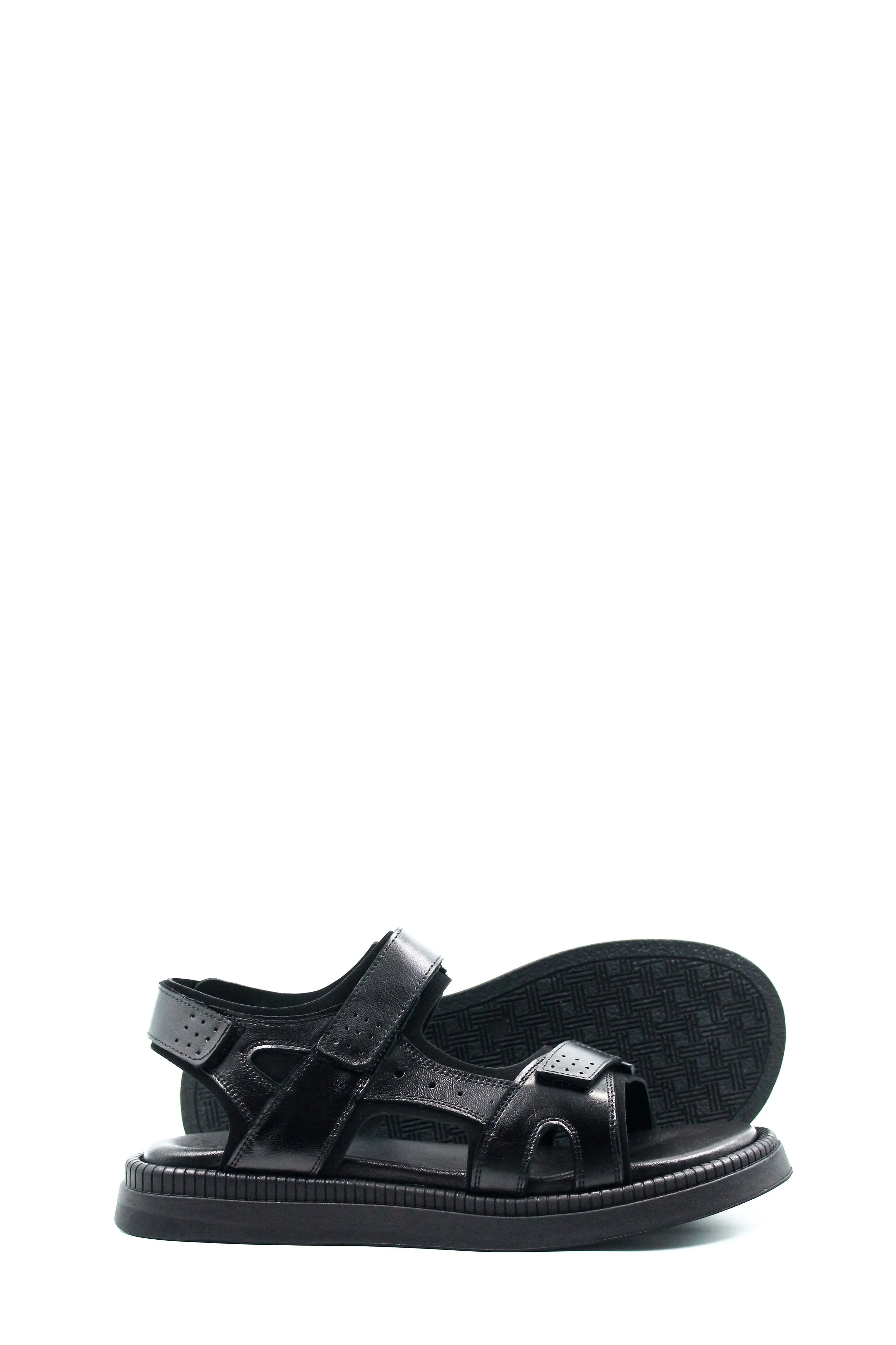 Men's Black Leather Open-Toe Sandals with Adjustable Straps and Cushioned Sole - Wessi