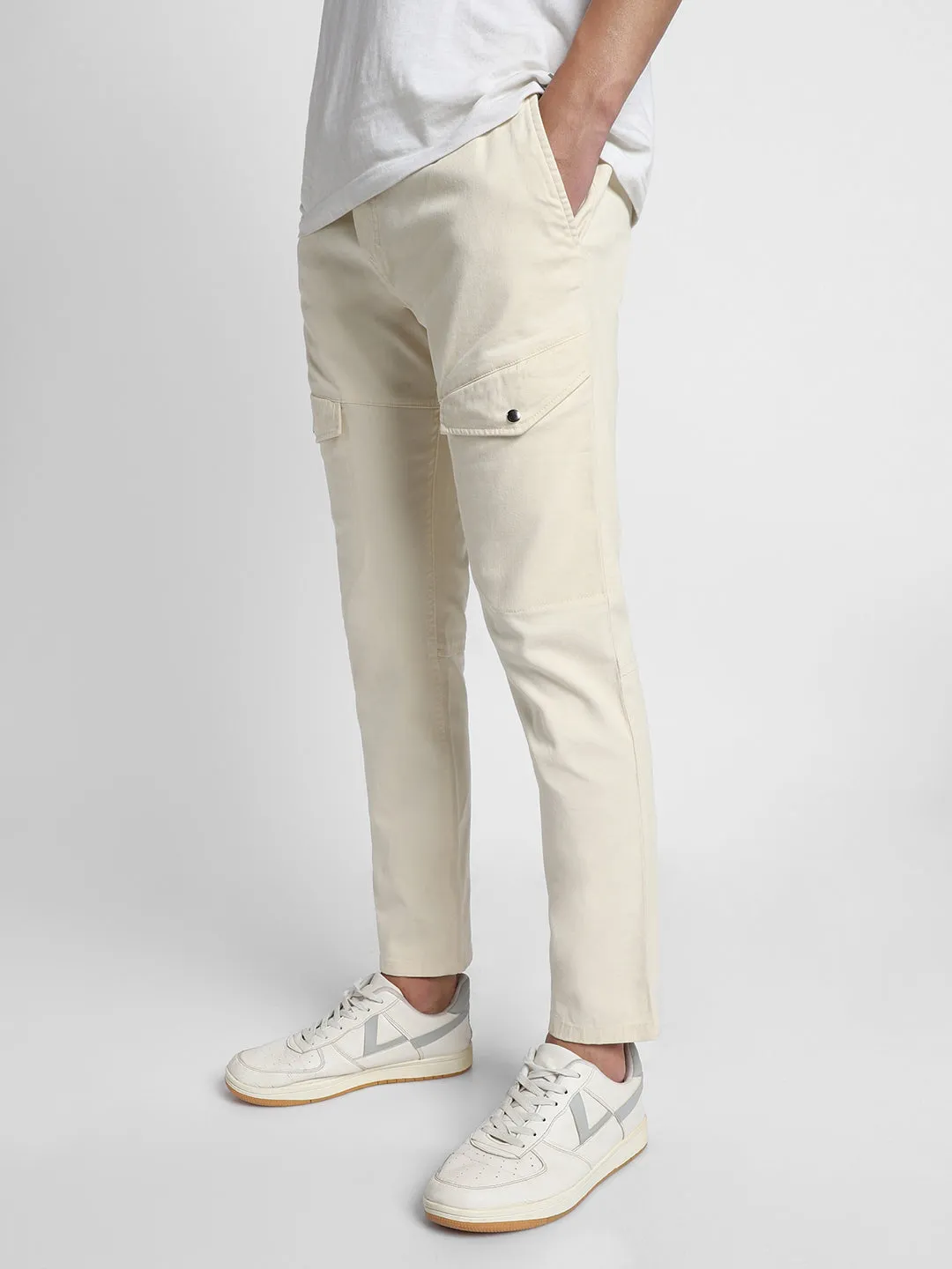 Mens's Cream Solid Cargo Trousers
