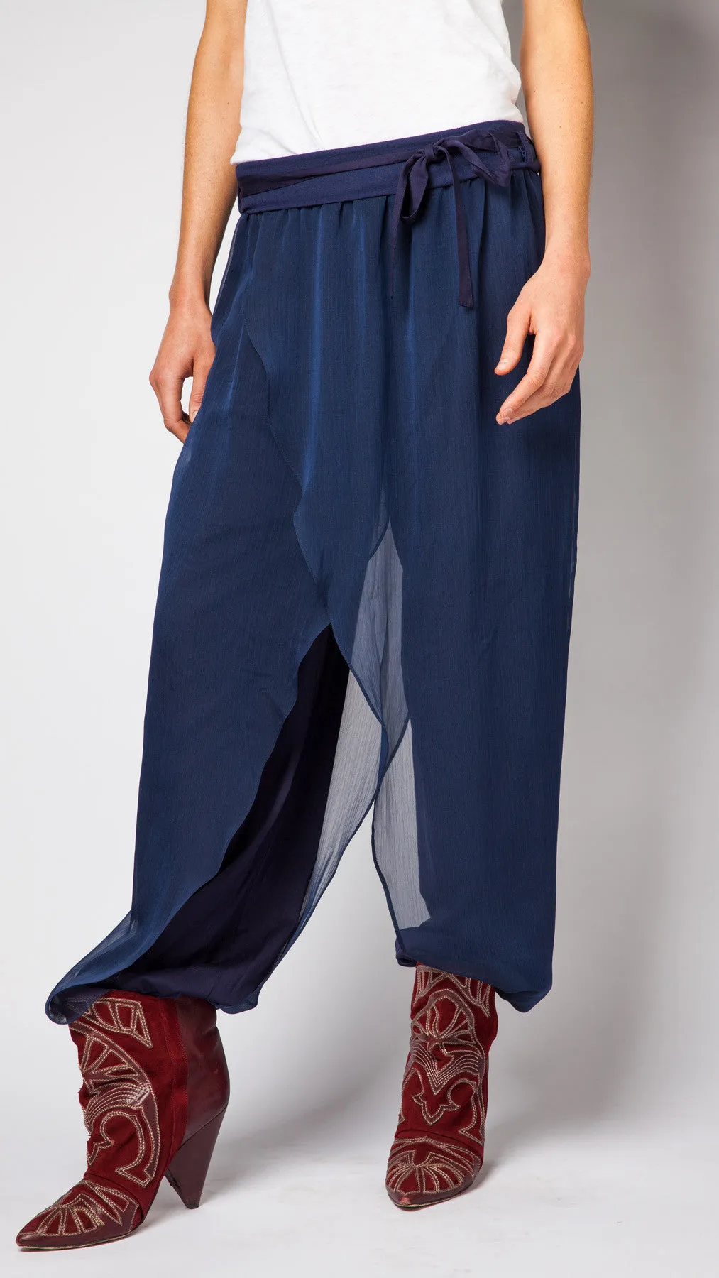 Navy Silk Tie Front Pant (Backorder)