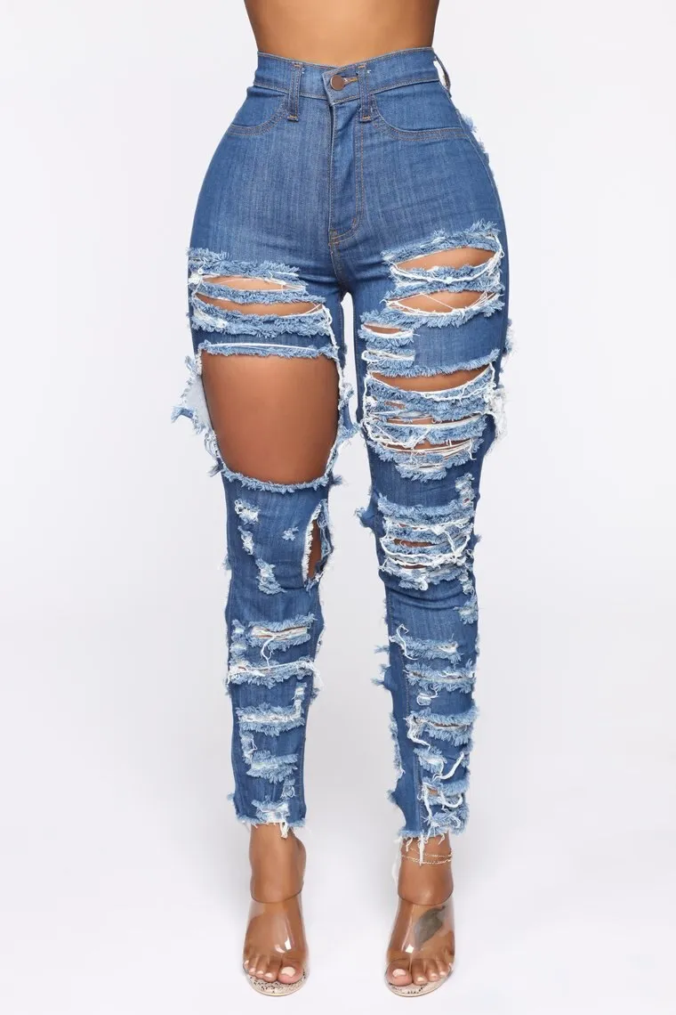 New Fashion Woman Ripped Jeans High Waist Stretch Denim Pencil Pants Street Trendy Slim Jeans XS-XL