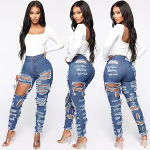 New Fashion Woman Ripped Jeans High Waist Stretch Denim Pencil Pants Street Trendy Slim Jeans XS-XL