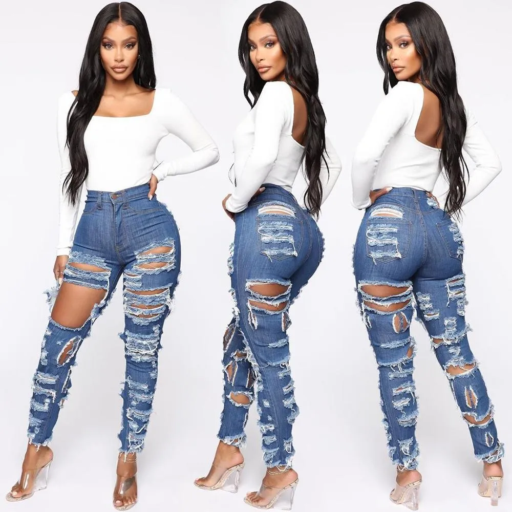 New Fashion Woman Ripped Jeans High Waist Stretch Denim Pencil Pants Street Trendy Slim Jeans XS-XL