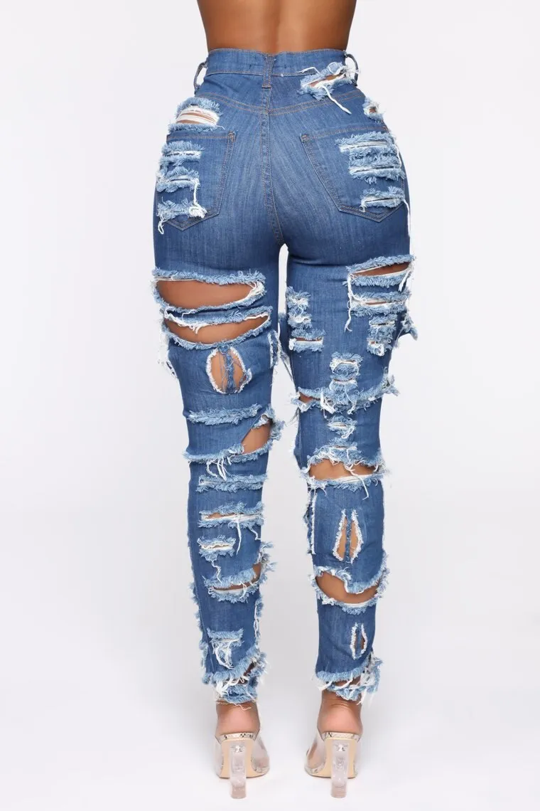 New Fashion Woman Ripped Jeans High Waist Stretch Denim Pencil Pants Street Trendy Slim Jeans XS-XL