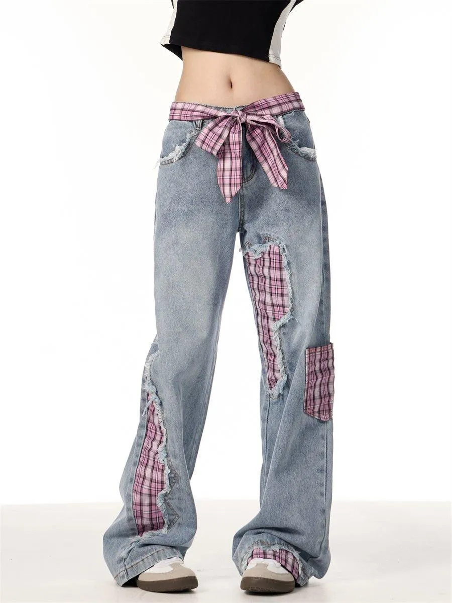 Plaid Stitching Wide Leg Jeans with Bowknot – Sweet & Trendy