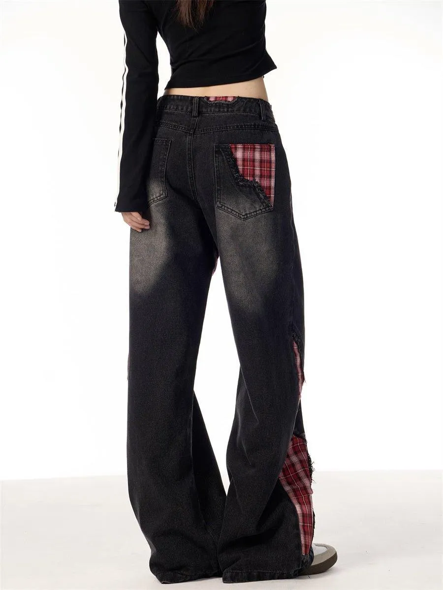Plaid Stitching Wide Leg Jeans with Bowknot – Sweet & Trendy