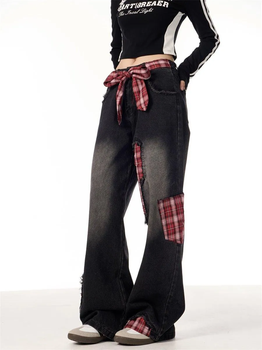 Plaid Stitching Wide Leg Jeans with Bowknot – Sweet & Trendy