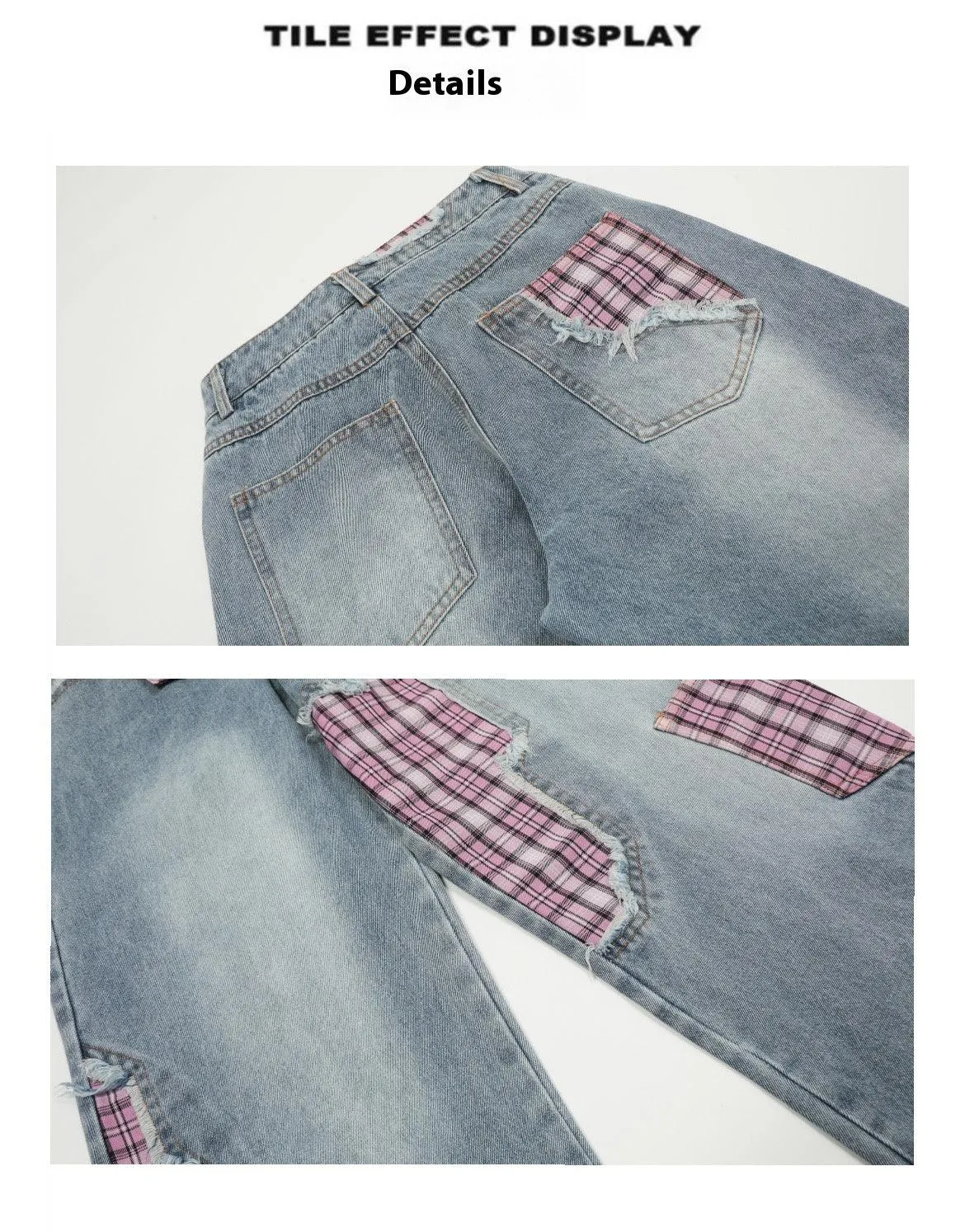 Plaid Stitching Wide Leg Jeans with Bowknot – Sweet & Trendy